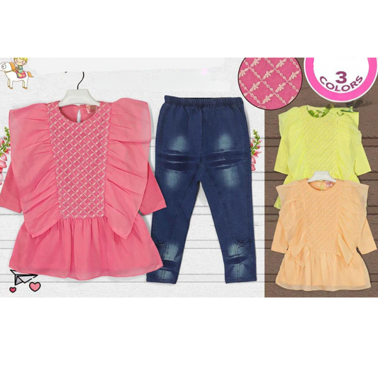 Design # 1030 Girls Kids Wear | Fabric Malai Jersey + Sheffon with Denim | Shirt & Pent