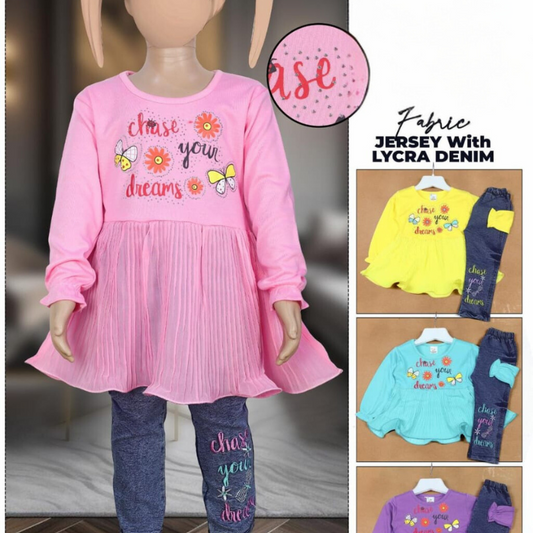 Design # 1061 Girls Kids Wear | Fabric Lycra Jersey & Denim | Shirt + Pent