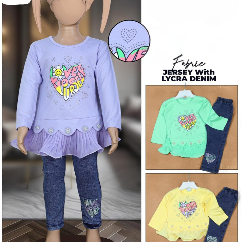 Design # 1066 Girls Kids Wear | Fabric Lycra Jersey & Denim | Shirt + Pent